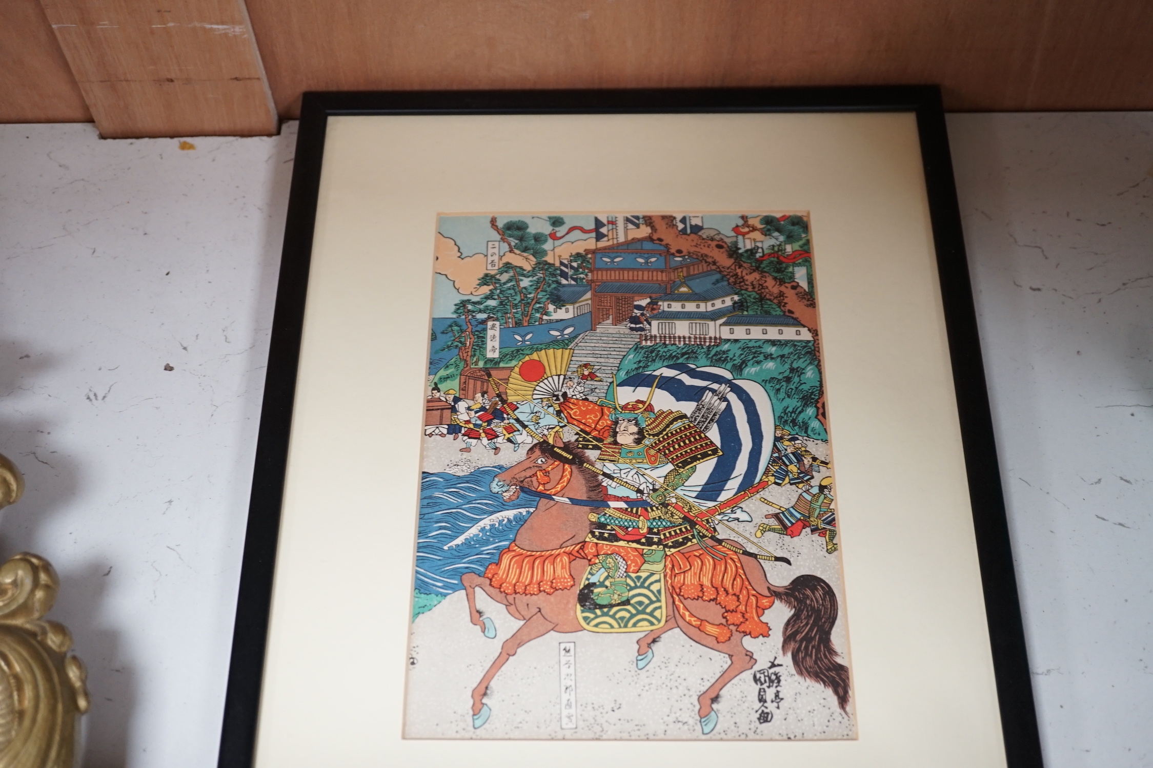 Hiroshige, two woodblock prints, 'Stations of The Tokaido', 14 x 19cm and a print of a Samurai